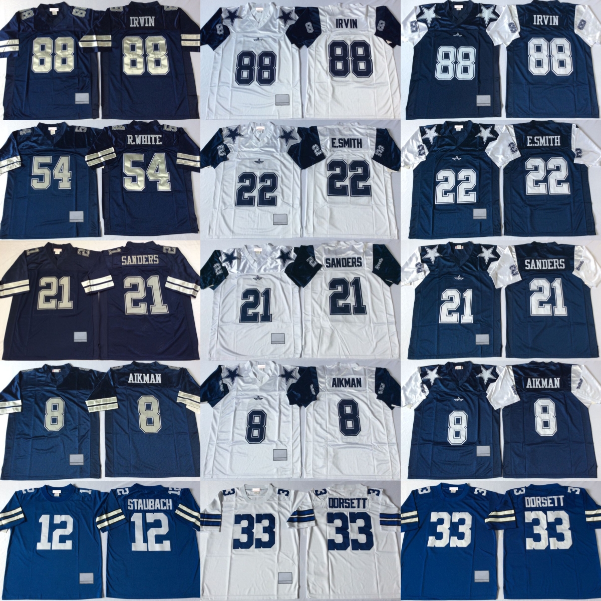 1980 Vintage Throwback Football 8 Troy Aikman Jerseys Retro Stitch 21 Deion Sanders 22 Emmitt Smith 33 Tony Dorsett 88 Michael Irvin 12 Roger Staubach 54 White Jersey