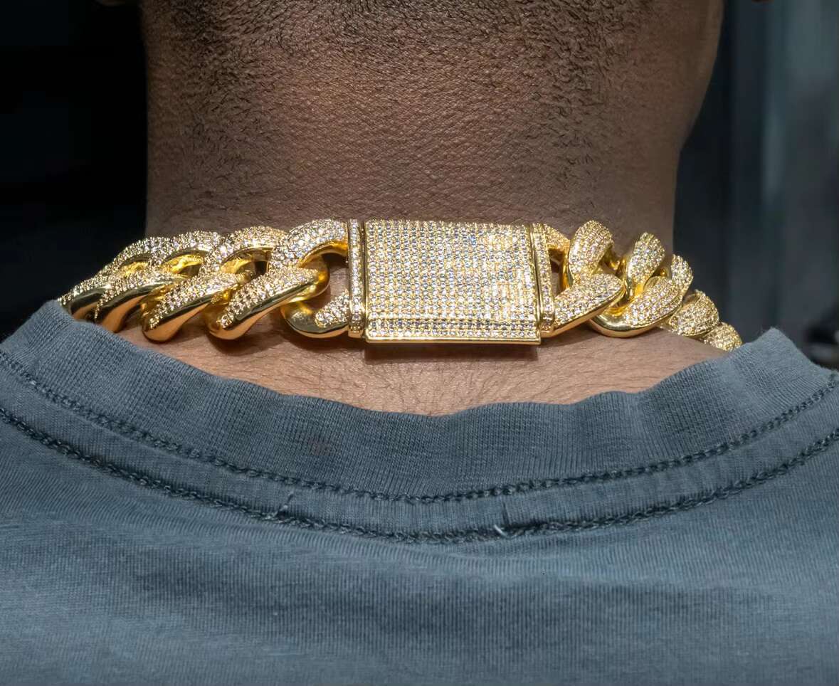 25MM Solid 925 Silver Hip Hop Cuban Link Chain 18K Gold Plated with Studded VVS1 Moissanite Diamond Passes Tester 16-30 Inches