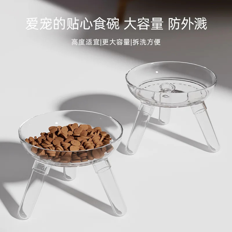 Ins Glass Cat Dog Bowl Increased Height To Protect Neck Drinking Water Large Diameter Luxurious Transparent Pet Feeding Bowl 250612