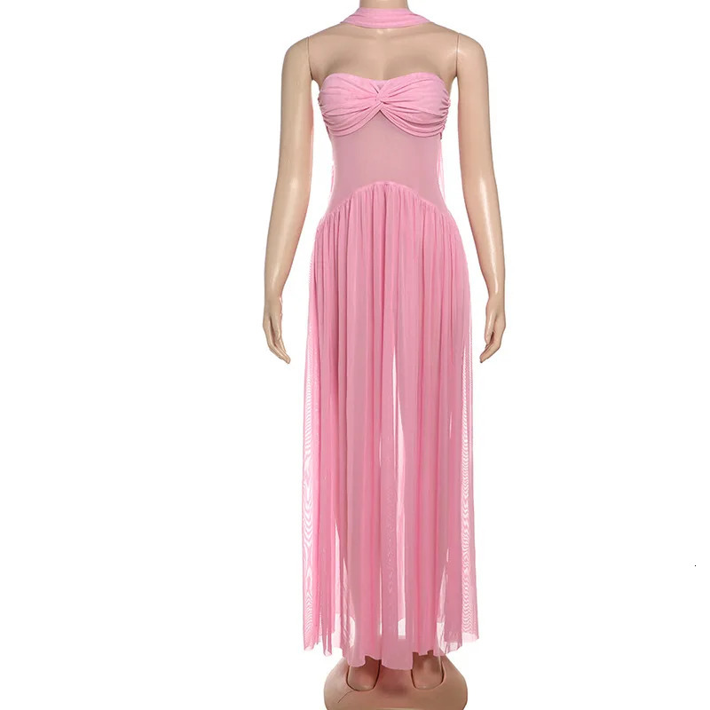 VEITCHE Summer Women Sexy Strapless Long Dress Female Through Mesh RobeHalter Scarf Mujer High Elasticity Maxi 250611