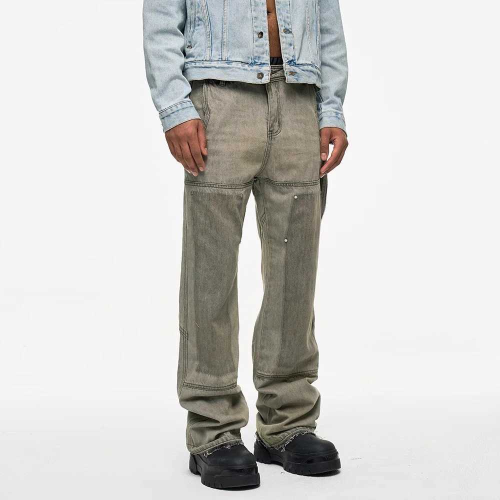 Viintage Splash Ink Distressed Flare Jeans Men Cargo Urban Streetwear Ribbon Washed Baggy Denim Jeans Logging Pants W250612