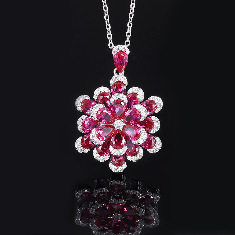 S925 Silver Best-Selling Faux Ruby Flower Set, Luxury Jewelry Necklace, Earrings & Ring Set, Perfect for Weddings and Special Occasions