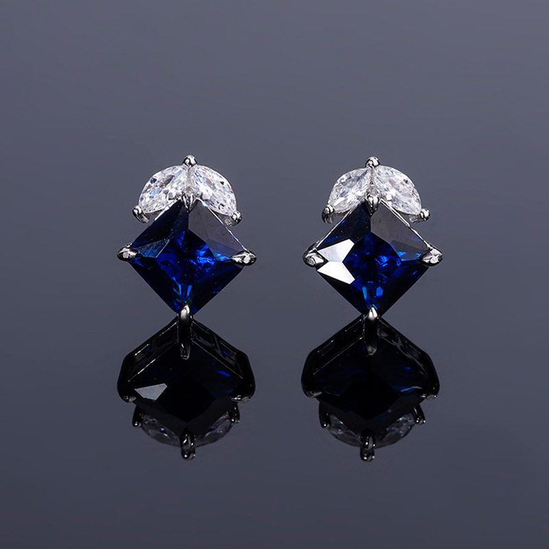 S925 Silver Simple Design Faux Ruby and Sapphire Square Ring and Earrings Set, Perfect for Daily Wear, Main Stone 99, Side Stone 66, Elegant Fashion W
