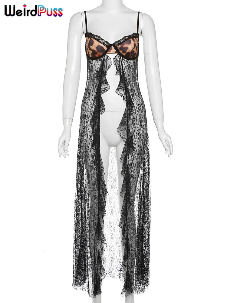 Weird Puss Backless Sexy Women Camisole Leopard Mesh Patchwork Ruffles Sexy Club Party Midnight Girls Wild Coquette Maxi Top 250611