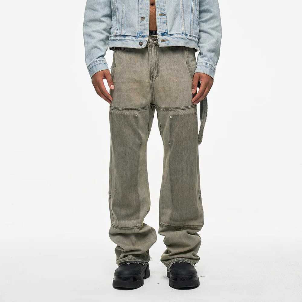 Viintage Splash Ink Distressed Flare Jeans Men Cargo Urban Streetwear Ribbon Washed Baggy Denim Jeans Logging Pants W250612