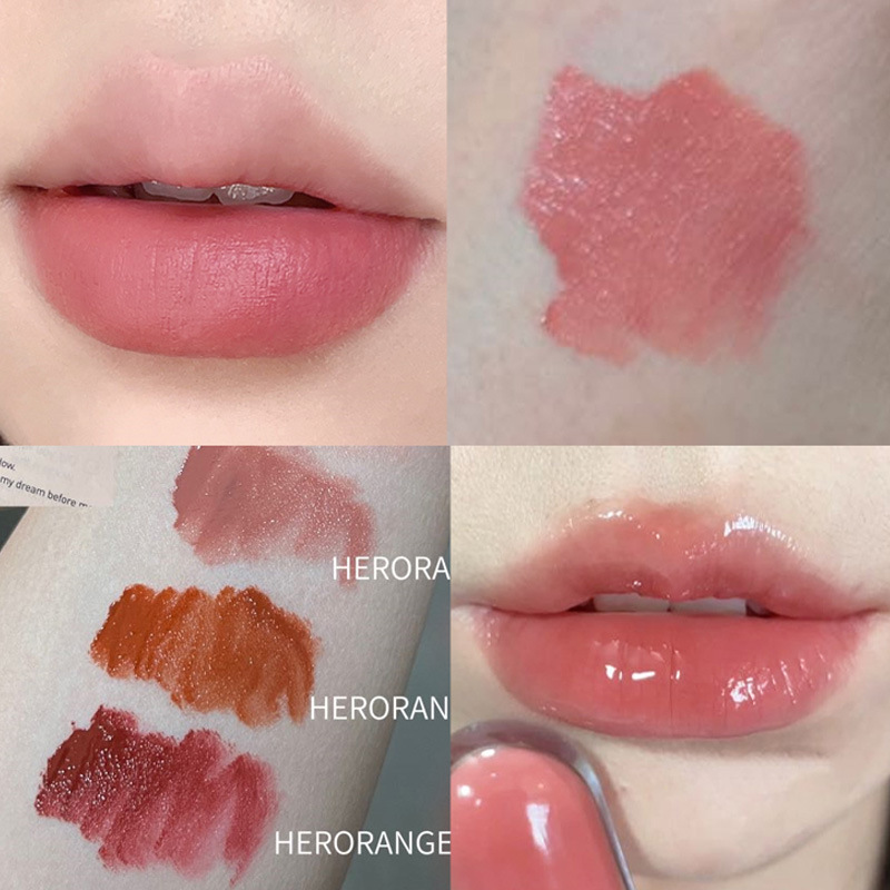 HERORANGE Fog-Condensed Lipstick Matte Lip Gloss Duo Waterproof Moisturizing Milk Tea Color Mirror Lip Tint
