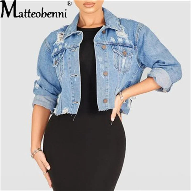 Women Sexy Slim Jackets Ripped Long Sleeve Turn-Down Collar Single Breasted Crop Denim Jackets Fashion Casual Street Clothes 250609