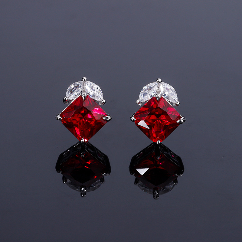 S925 Silver Simple Design Faux Ruby and Sapphire Square Ring and Earrings Set, Perfect for Daily Wear, Main Stone 99, Side Stone 66, Elegant Fashion W