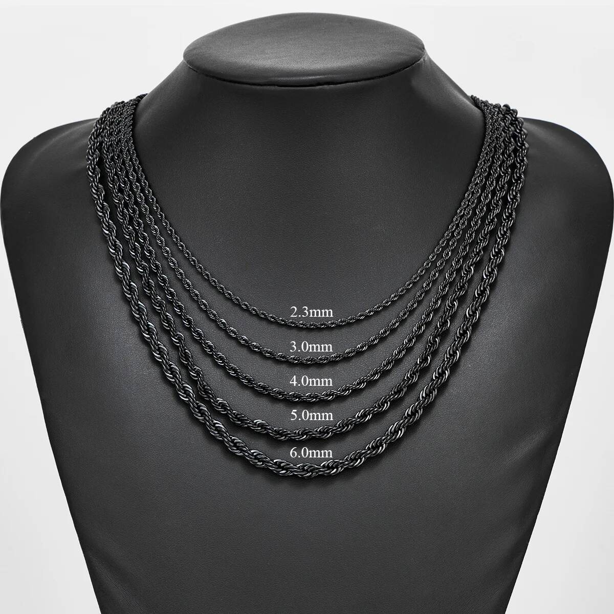 2.3mm/3mm/4mm/5mm/6mm Black Color Stainless Steel Twisted Rope Chains Classic Men Boy Necklace 16 to 30 Inches