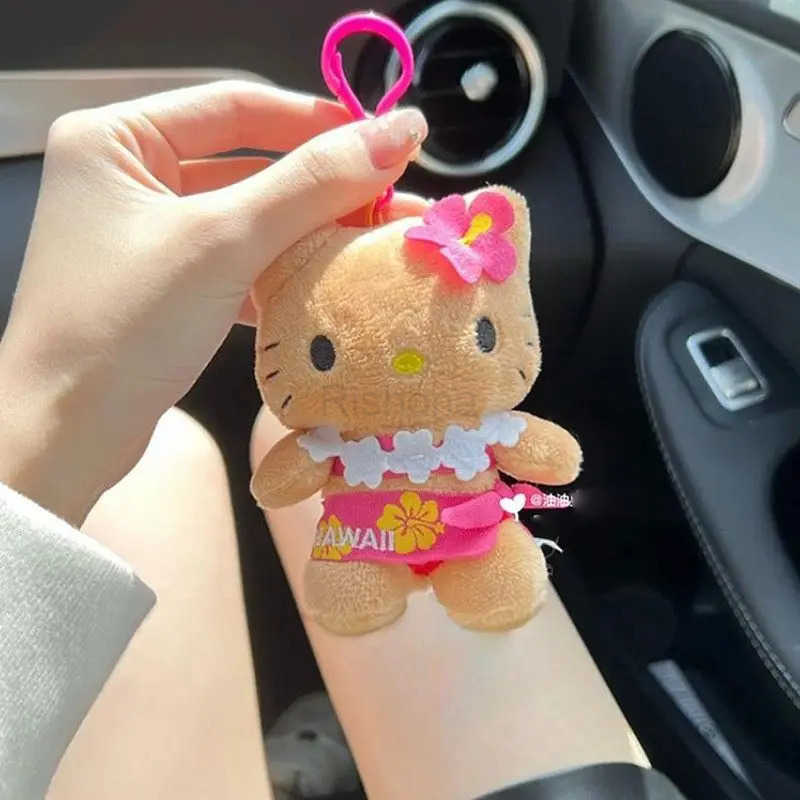 Sanrio Hawaii Anime Series KeyChain Hello Kitty Dark Skin Plush Stuffed Cartoon Plush Doll Bikini Pineapple Bag Pendant Cute Toy X250612