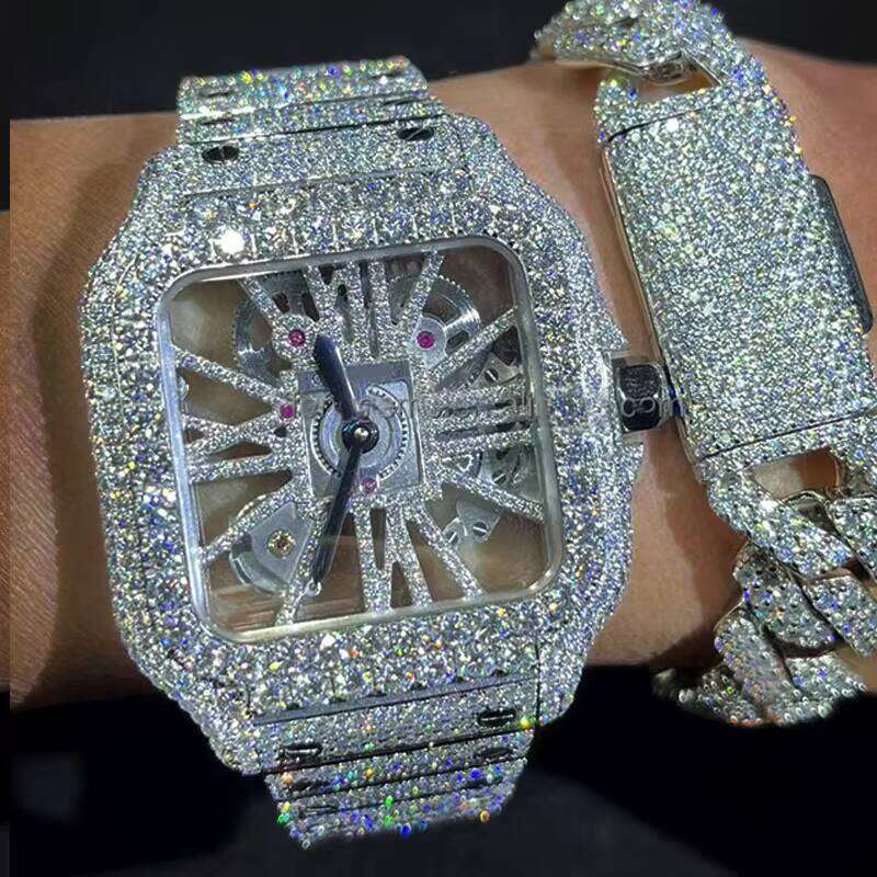 (No Tariffs) Pass Dia Tester Mechanical Skeleton Iced Out Moissanite Buss Down Hi Ho Watch