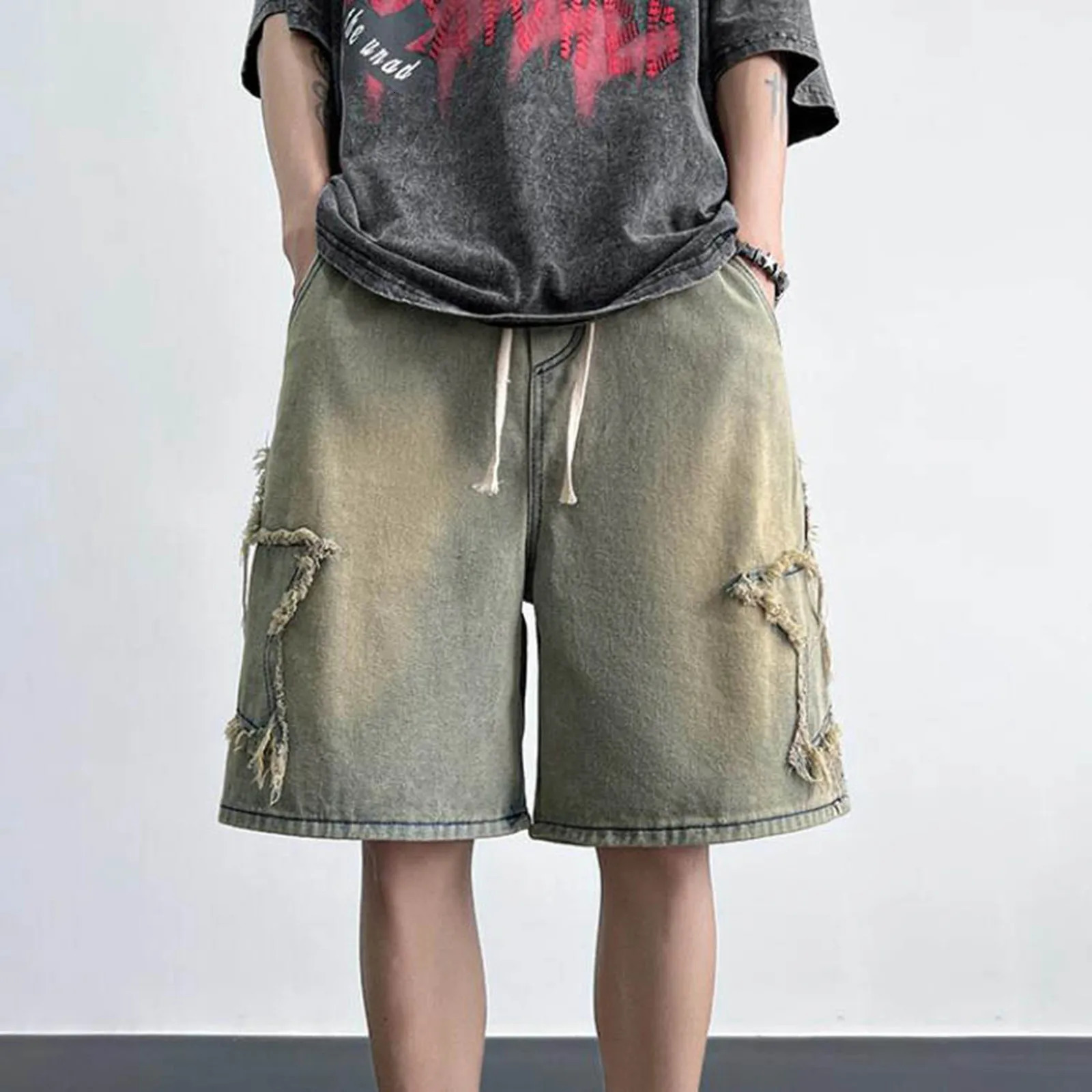 Fashion Denim Shorts For Men Summer Comfortable High Waist Drawstring Short Pants Mens Streetwear Star Loose Casual 250611Z