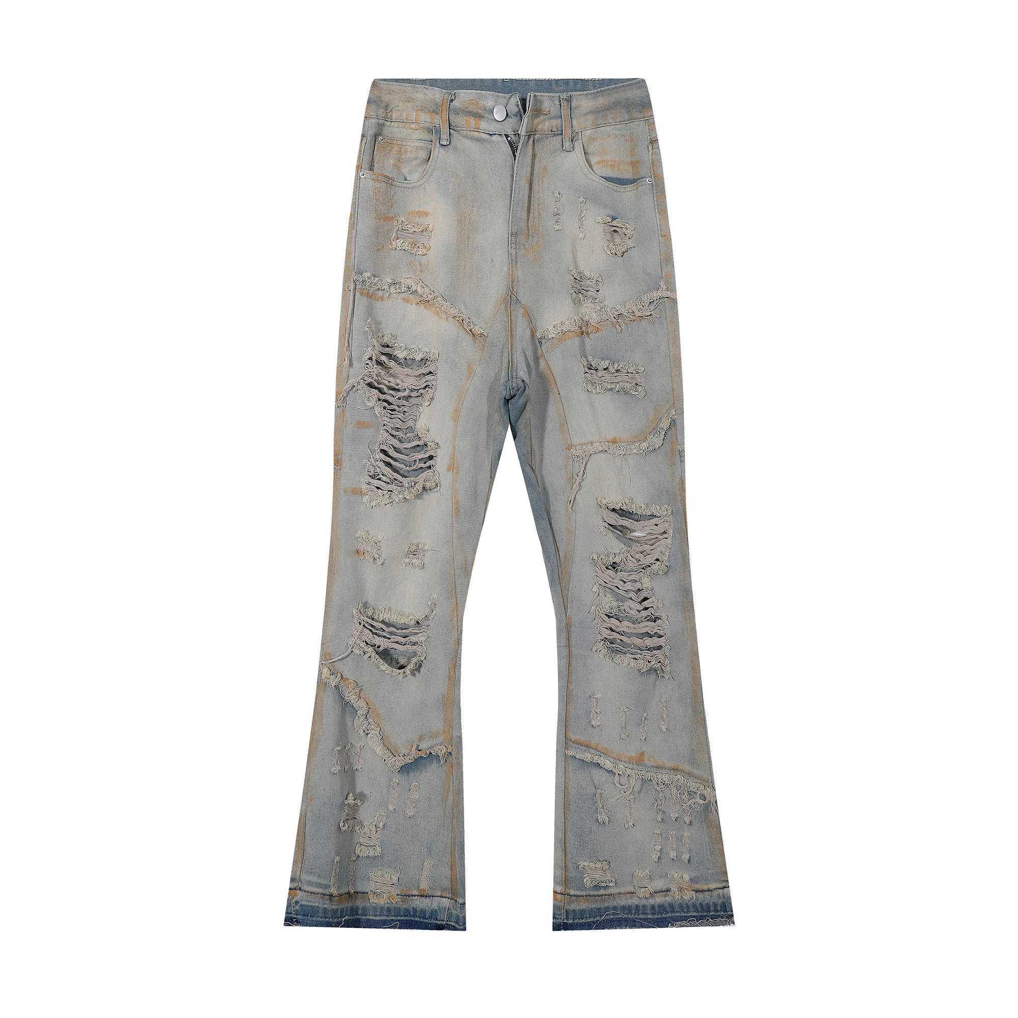 Vintage Splash-ink Skinny Ripped Jeans Man Distressed Denim Washed Pants Hip Hop Destroyed Slim Flare Jean Streetwear Y2k Hole W250612