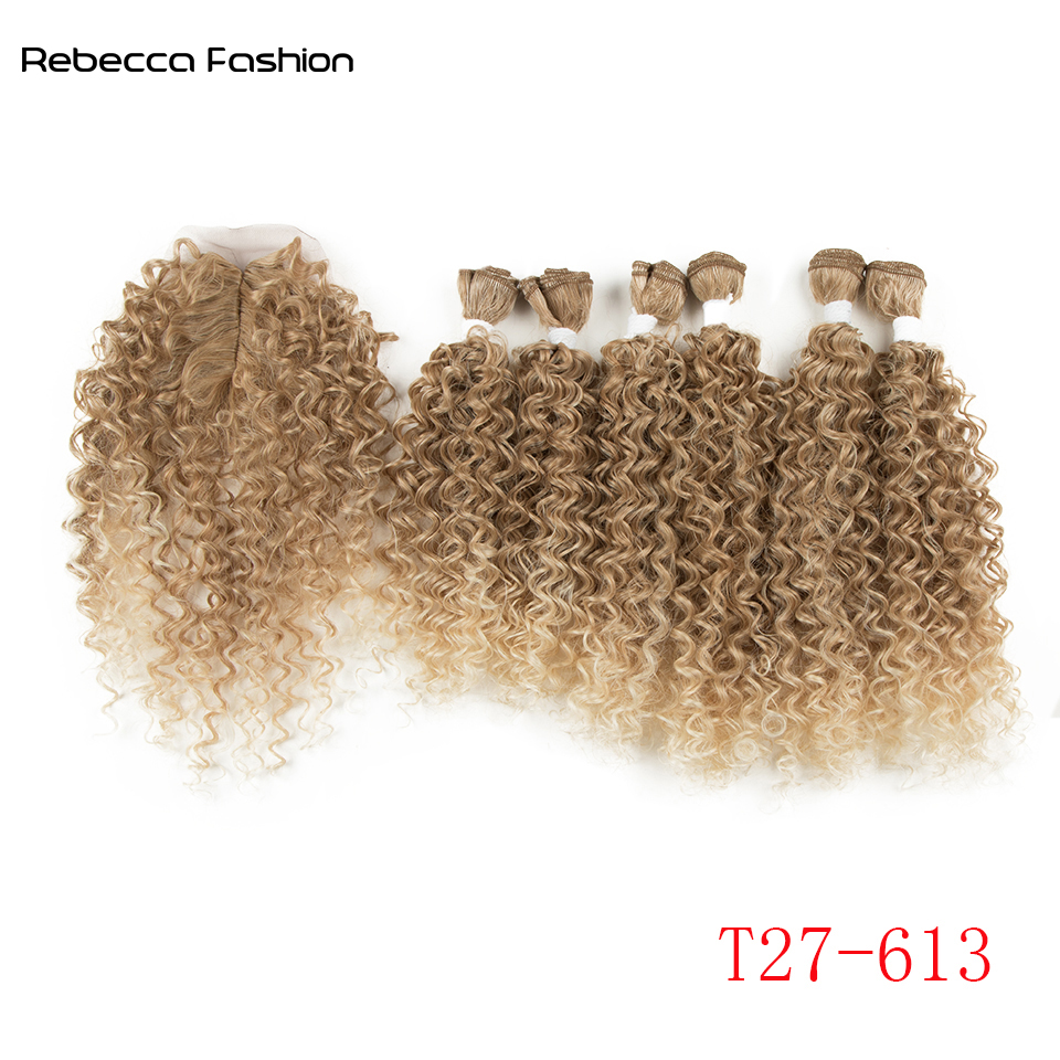 Rebecca Fashion Synthetic Afro Kinky Curly Weave Hair 16-20 inch 7Pieces/lot Bundles With Closure African lace For Women hair Extens