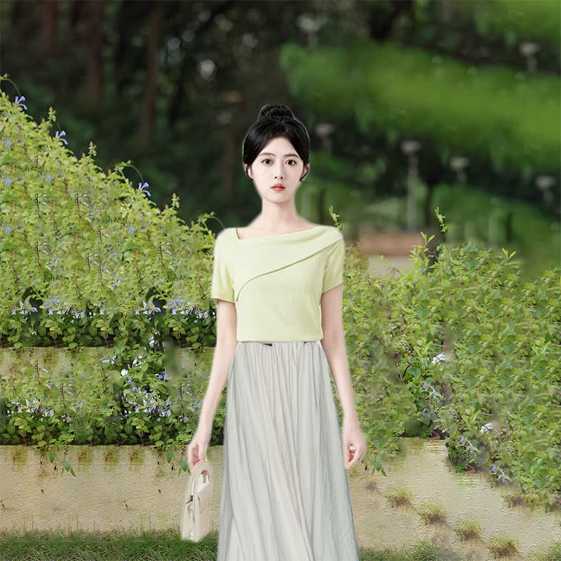 P390 Fashion wear for petite students, slim fit, short-sleeved T-shirt, casual pants skirt
