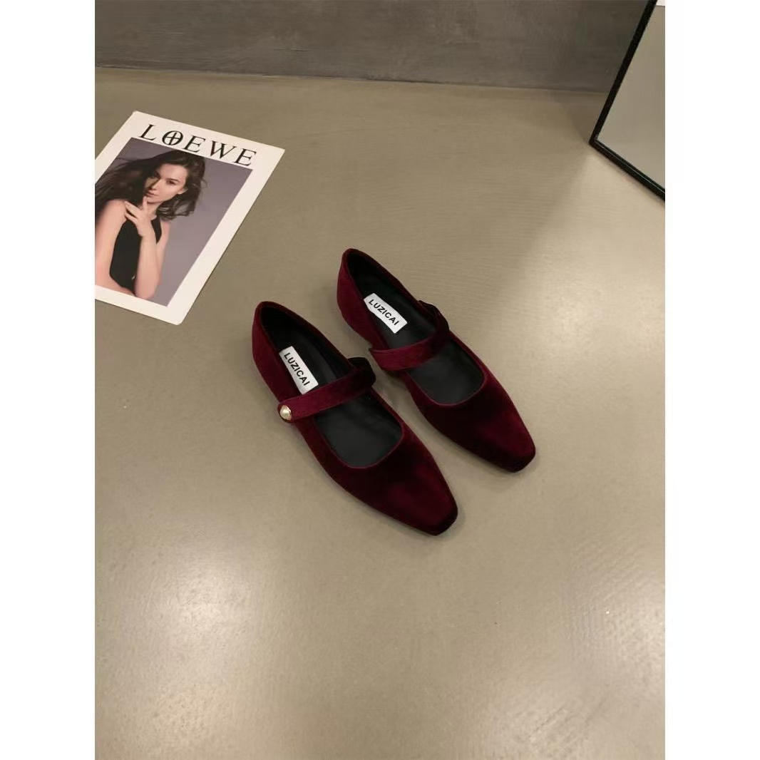 Elegant Pearl Buckle Velour Mary Jane Shoes Woman Concise Veet Ballet Flats Ladies Evening Party Low Heel Pumps In Wine-Red 240927