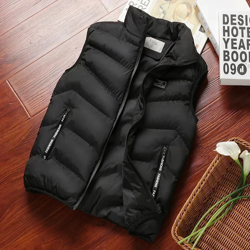 Winter Warm Mens Jacket Sleeveless Zipper Vest Solid Casual Vests Male CottonPadded Thickened Stand Collar Wear Outside 250610A