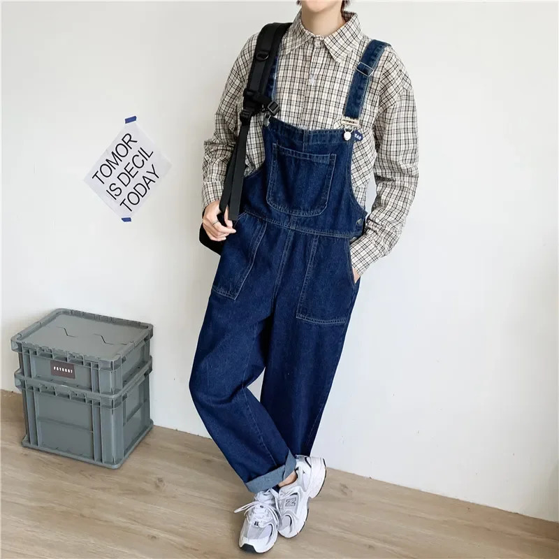 Mens Jeans Denim Overalls Loose Plus Size Cropped Pants Straight Suspenders Jumpsuits Pockets Blue Cowboy Trousers 250611Z