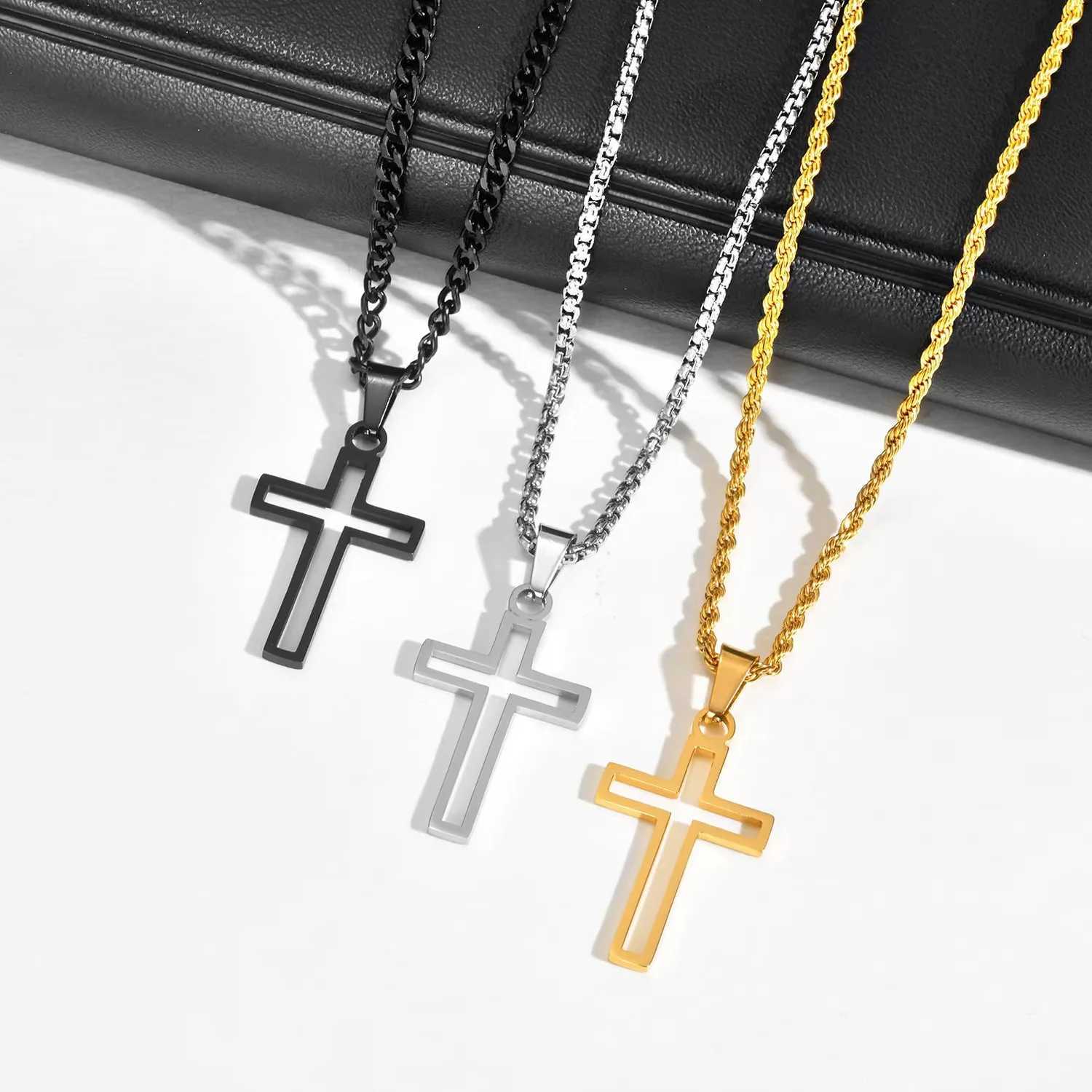 Casual Hollow Cross Necklaces for Men Boys Waterproof Stainless Steel Cross Pendant Necklace Religious Faith Prayer Jewelry Gift W250612
