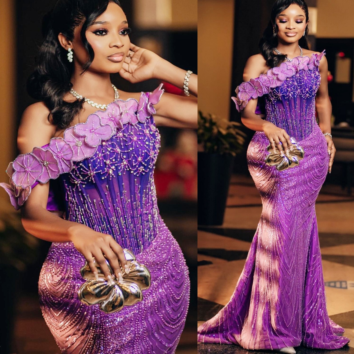 Purple Mermaid Prom Dresses 2025 Crystals Beadd Flowers Sequined Evening Formal Party Second Birthday Engagement Gowns Plus Size Dress For Special Occ