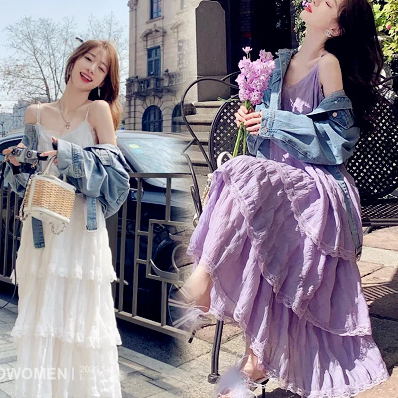 Summer Befree Long Vintage Casual Ruffles Elegant Maxi Strap Camis Silky Beach Lace Party Dress Vestidos Sexy Women 250611