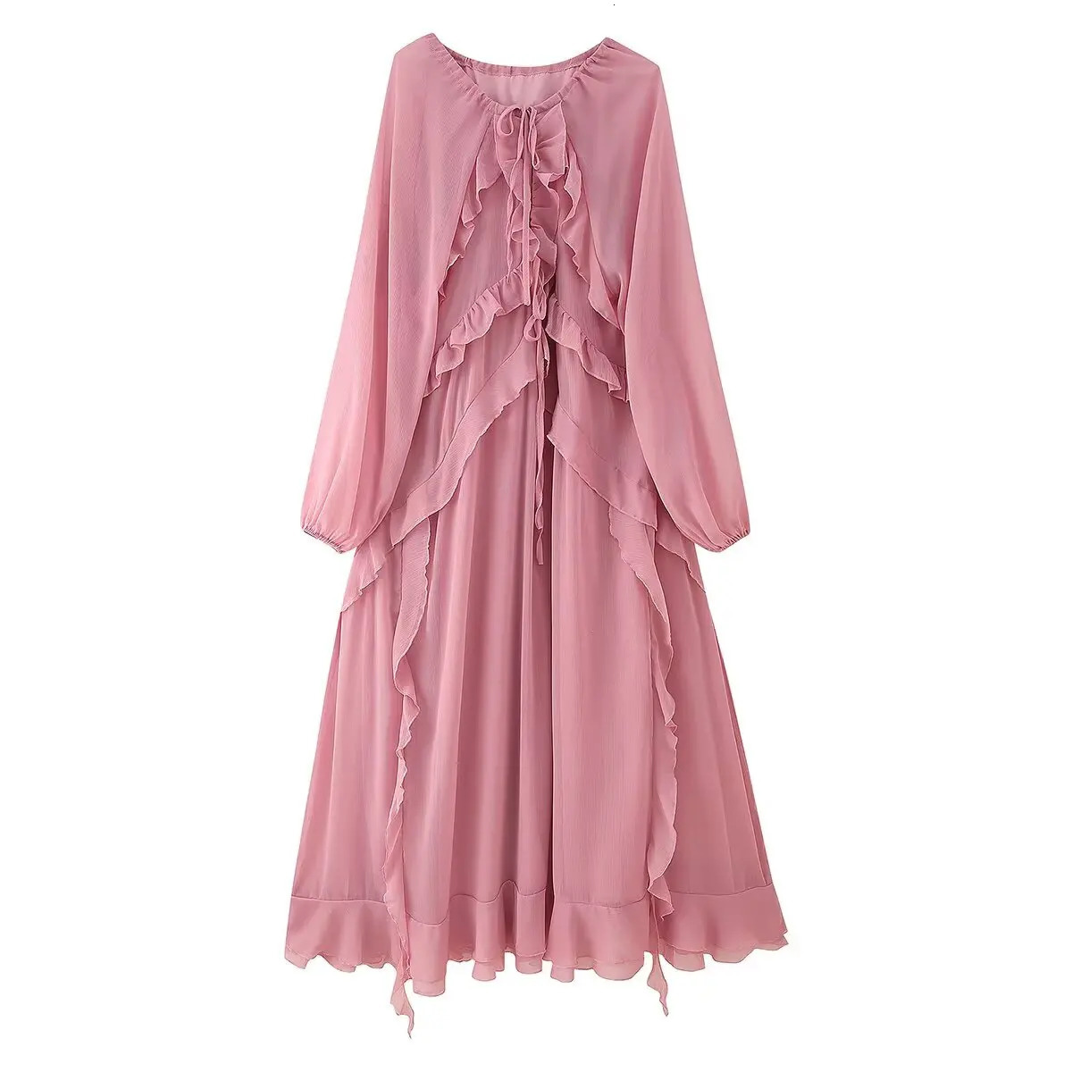 European and American style early autumn layered ruffled longsleeved chiffon dress 250611