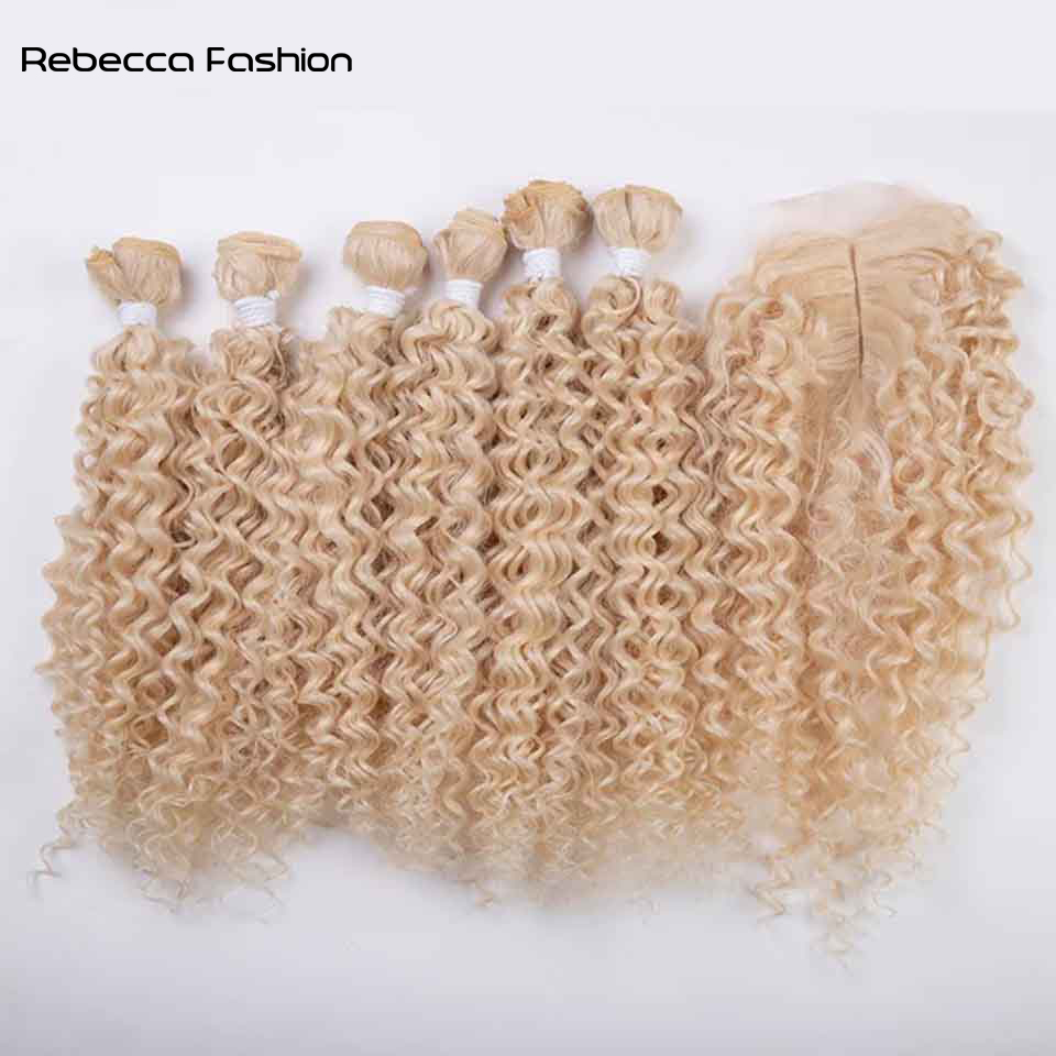 Rebecca Fashion Synthetic Afro Kinky Curly Weave Hair 16-20 inch 7Pieces/lot Bundles With Closure African lace For Women hair Extens