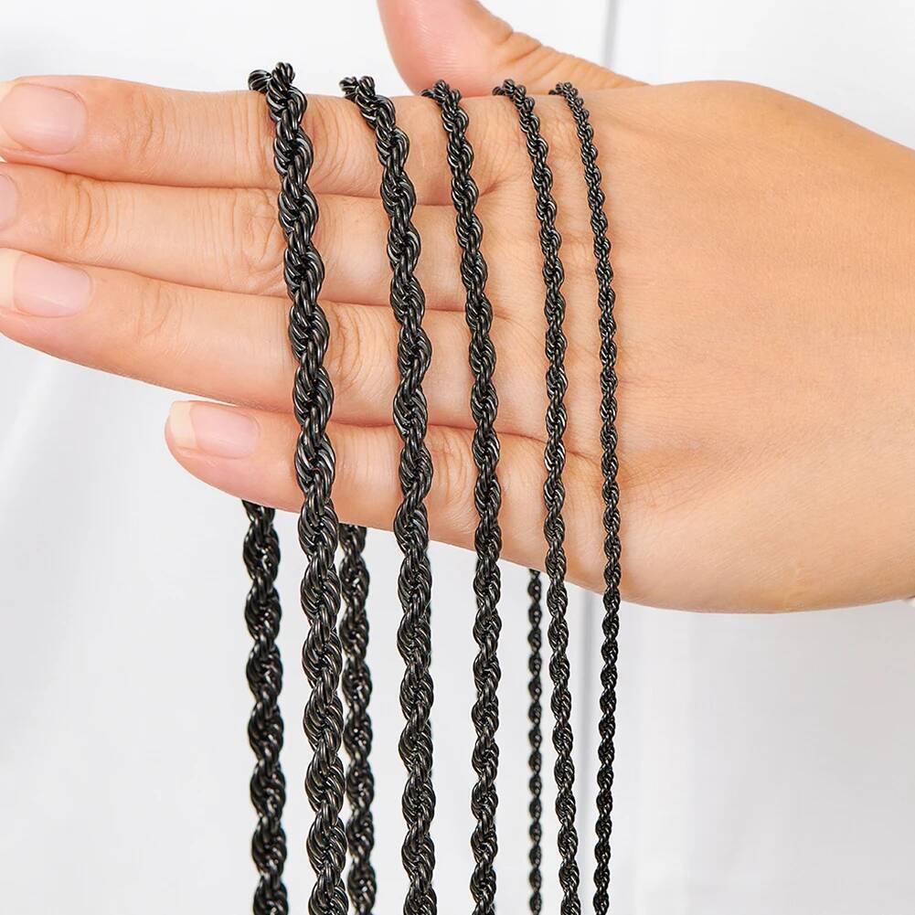 2.3mm/3mm/4mm/5mm/6mm Black Color Stainless Steel Twisted Rope Chains Classic Men Boy Necklace 16 to 30 Inches