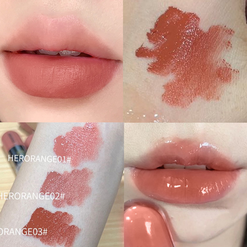 HERORANGE Fog-Condensed Lipstick Matte Lip Gloss Duo Waterproof Moisturizing Milk Tea Color Mirror Lip Tint