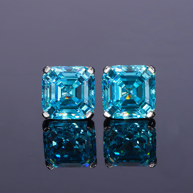 S925 Silver Ascher-Cut Sea Blue Topaz Pendant Necklace & Ring Set with High-Carbon Diamond Accents, Princess Cut, Elegant Jewelry for Women