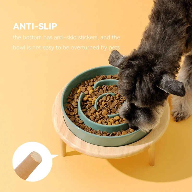 Small Dog Slow Feed Bowl Elevated Cat Drinking Eating Ceramic Bowls with Wooden Stand Pet Anti-Gulping Feeding Food Water Plate 250612