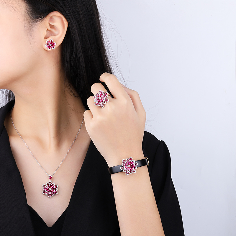 S925 Silver Best-Selling Faux Ruby Flower Set, Luxury Jewelry Necklace, Earrings & Ring Set, Perfect for Weddings and Special Occasions