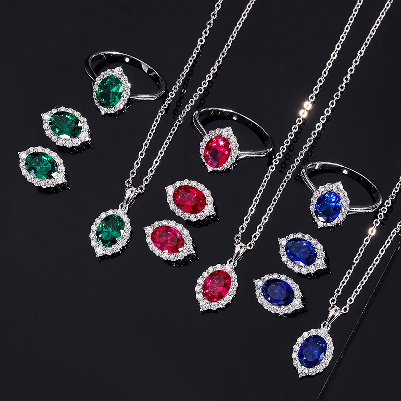 New S925 Silver Jewelry Set, Faux Colored Gemstone Dove Egg Pendant & Earrings, Fashion Colored Gemstone Necklace & Earrings Set, Perfect for Weddings