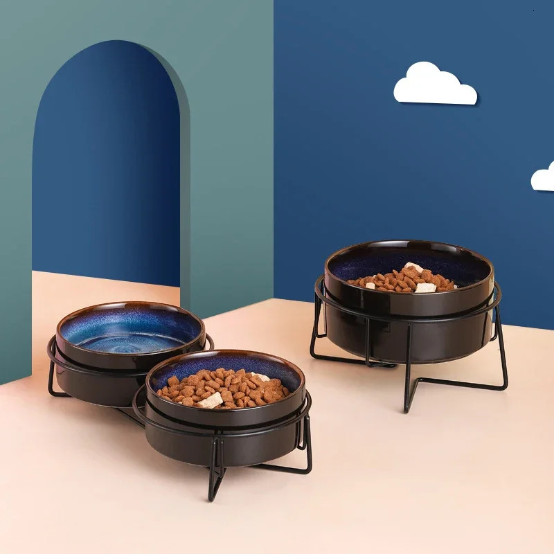 Double Cat Food Bowls with Iron Stand Starry Pet Feeding Bowl Small Puppy Dog Water Eat Accessories Cats Protect Cervical Spine 250612