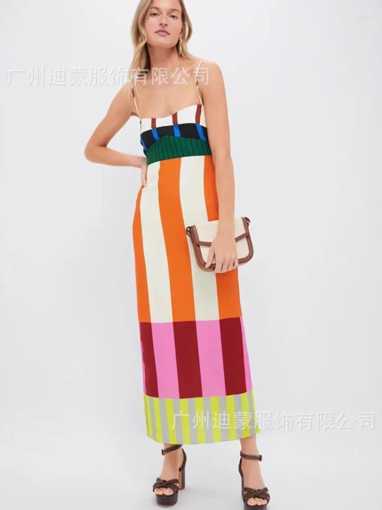 Casual Dresses Elegant High Waist 2025 Party Long Dress Fashion Striped Colorful Women Sexy Spaghetti Strap Bohemian Mixi