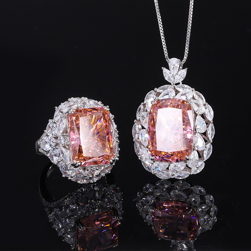 S925 Silver High Carbon Diamond Padparadscha Luxury Inlaid Set, 1318-1216 High-Quality Diamond Earrings, Ring & Necklace Set, Perfect for Weddings and