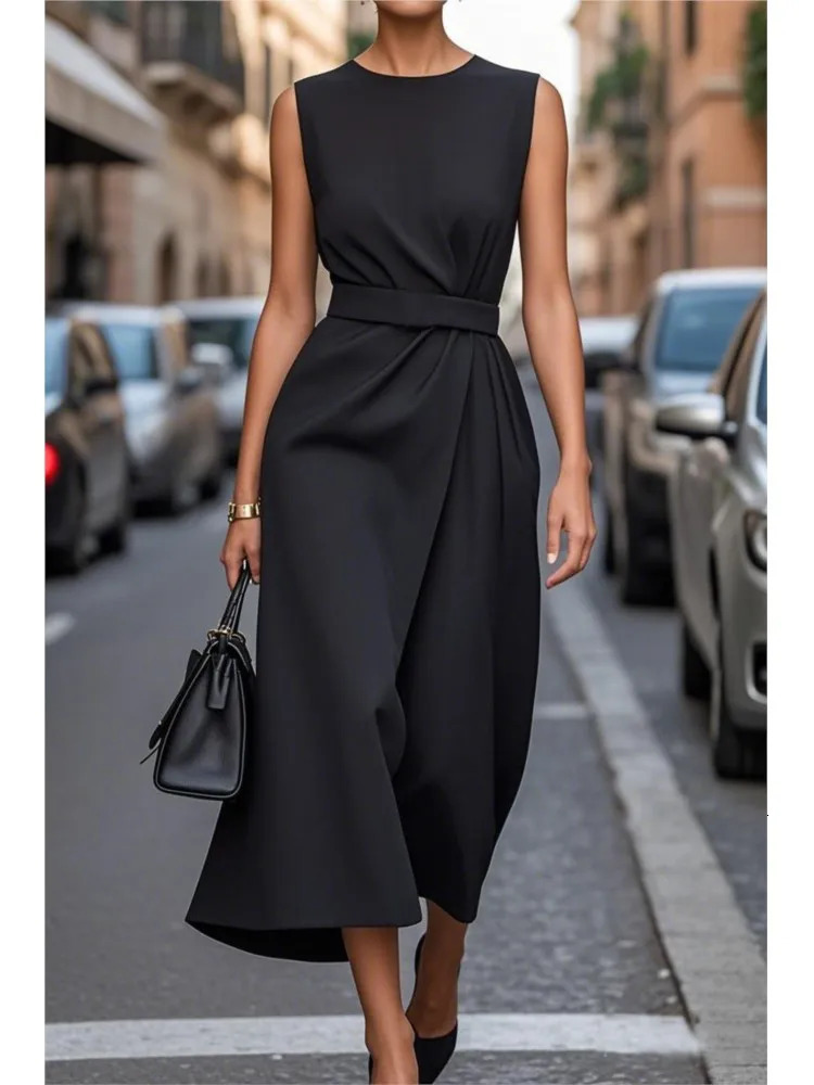 Fashion Casual Long Dress Female Sleeveless Oneck Solid Color Waistclosing Women Dresses Elegant Office Ladies Summer 250611
