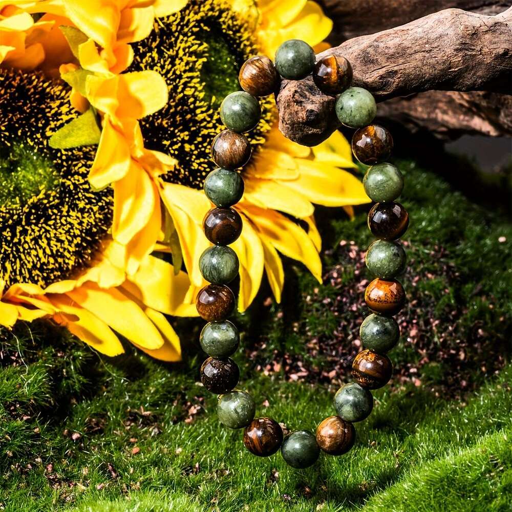 Unisex Fashion Elastic Stretch Bead Tiger Eye Natural Stone Bracelet - Wealth, Abundance Prosperity Jewelry for Men & Women, Boho Style, Mother'S
