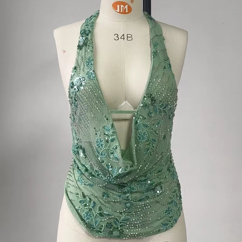 Sexy Deep V Neck Halter Camis Beach Boho Tank Top s Summer Sequins Patchwork Vest Women Vacation Sexy Backless Crop Top 250609