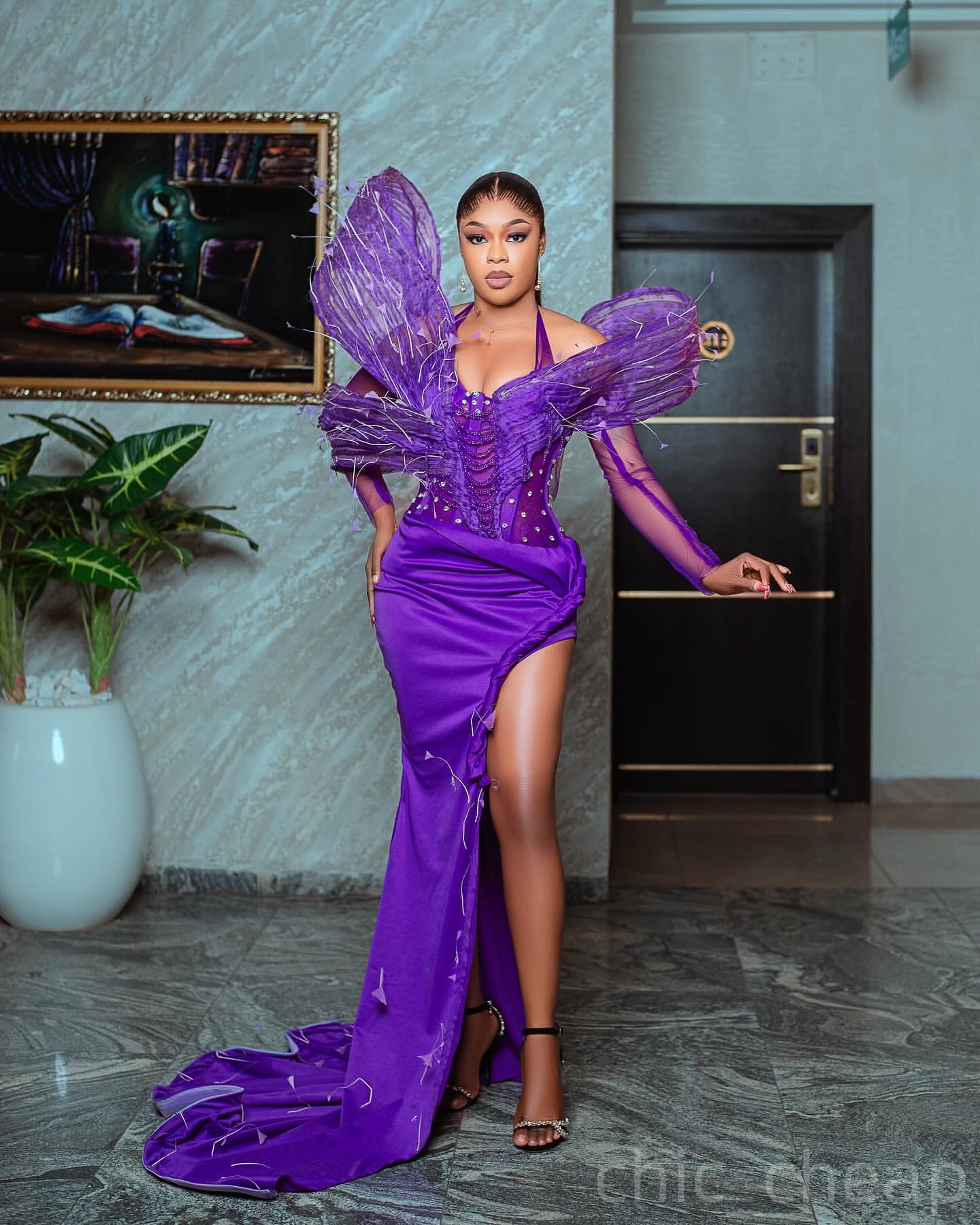 Purple Mermaid Prom Dresses 2025 Beaded Crystals Feather Satin Evening Formal Party Second Birthday Engagement Gowns Plus Size Dress For Special Occas