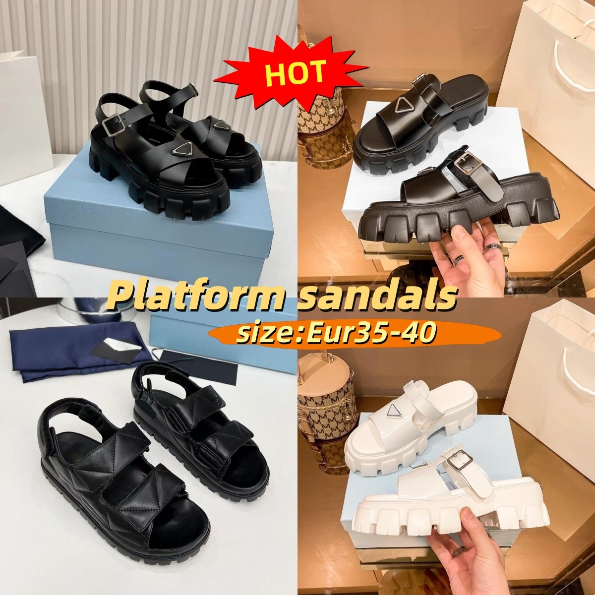 High quality womens platform snadals white black Monolith Rubber Foam Leather sandal women Nappa ladies fashion lug sole shearling slippers lady Gladiator slides