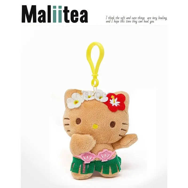 Sanrio Hawaii Anime Series KeyChain Hello Kitty Dark Skin Plush Stuffed Cartoon Plush Doll Bikini Pineapple Bag Pendant Cute Toy X250612