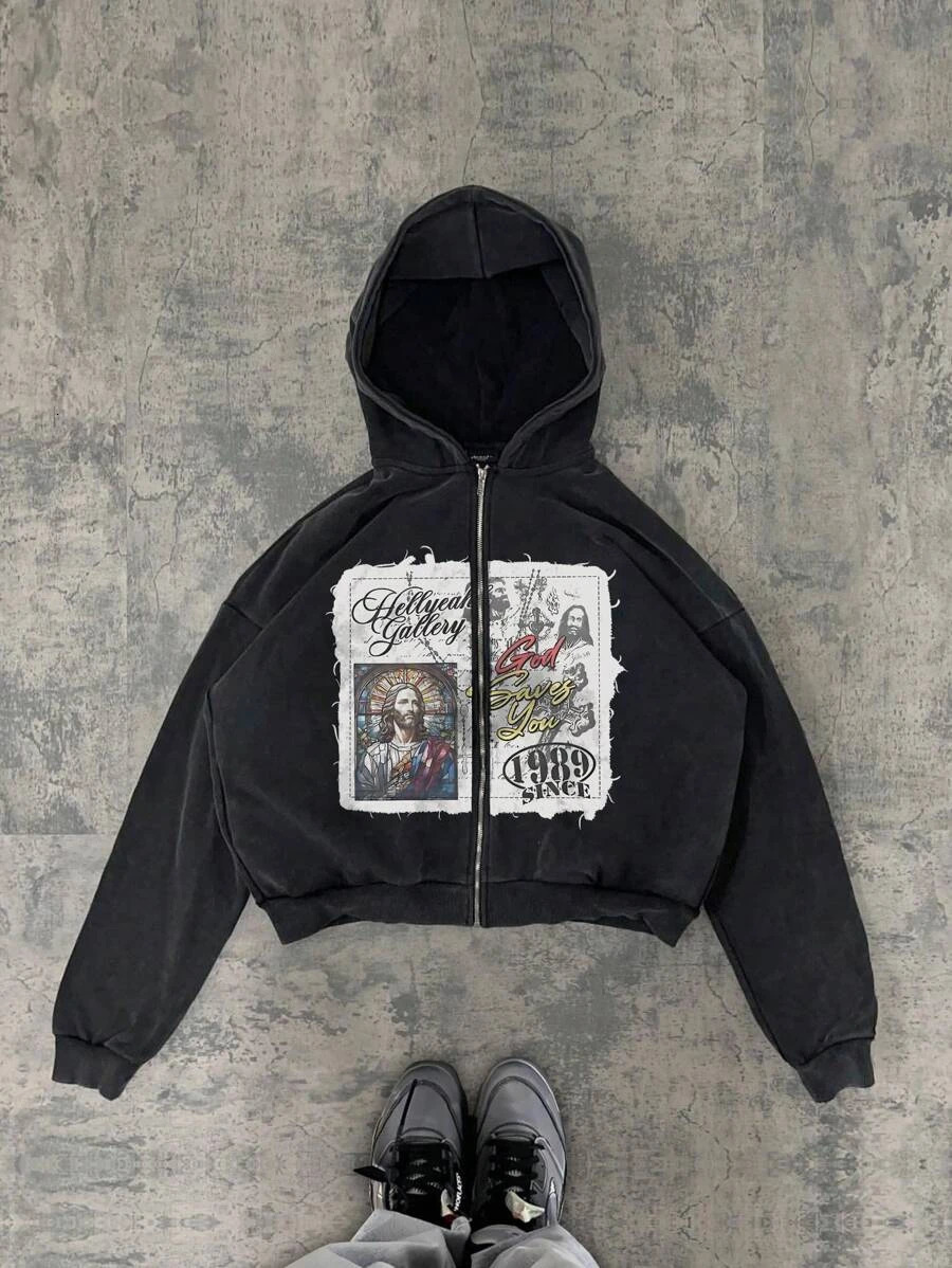 Y2K American hip-hop personality pattern print hoodie men clothing streetwear Harajuku jacket gothic casual Zip Up hoodies 250610