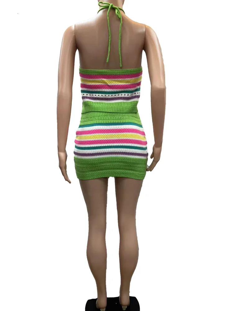 Beyprern Elegant Striped Knitthing Two Piece Set Women Halter LaceUp Crop Top Matching Shorts Beach Swimsuits 2 250611