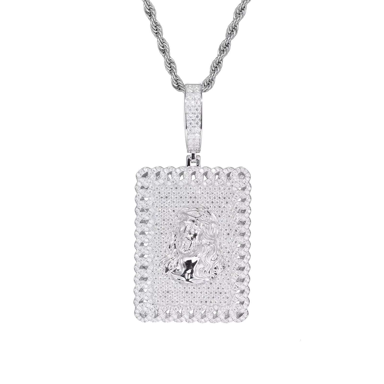 New S925 Silver Mosan Diamond HipHop Personality Jesus Necklace Rectangular Moissanite Pendant Trendy