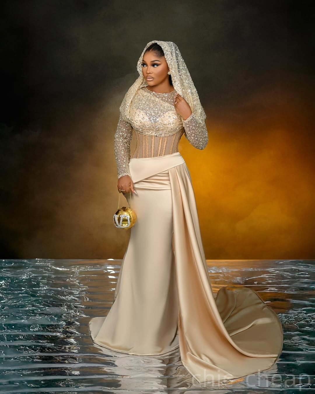 Mermaid Champagne Prom Dresses 2025 Sequined Satin Full Sleeves Evening Formal Party Second Birthday Engagement Gowns Plus Size Dress For Special Occa