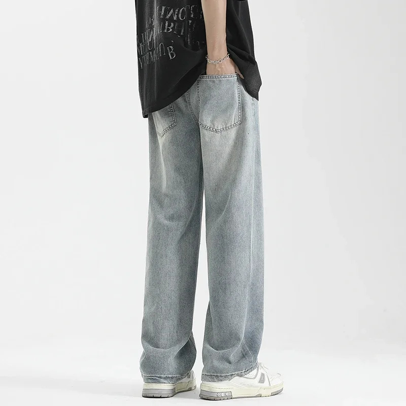 Summer Thin Mens Loose Jeans Wide Leg Fashion Korean Style Drawstring Straight Vintage Wash Denim Pants Streetwear Men Trousers 250611Z