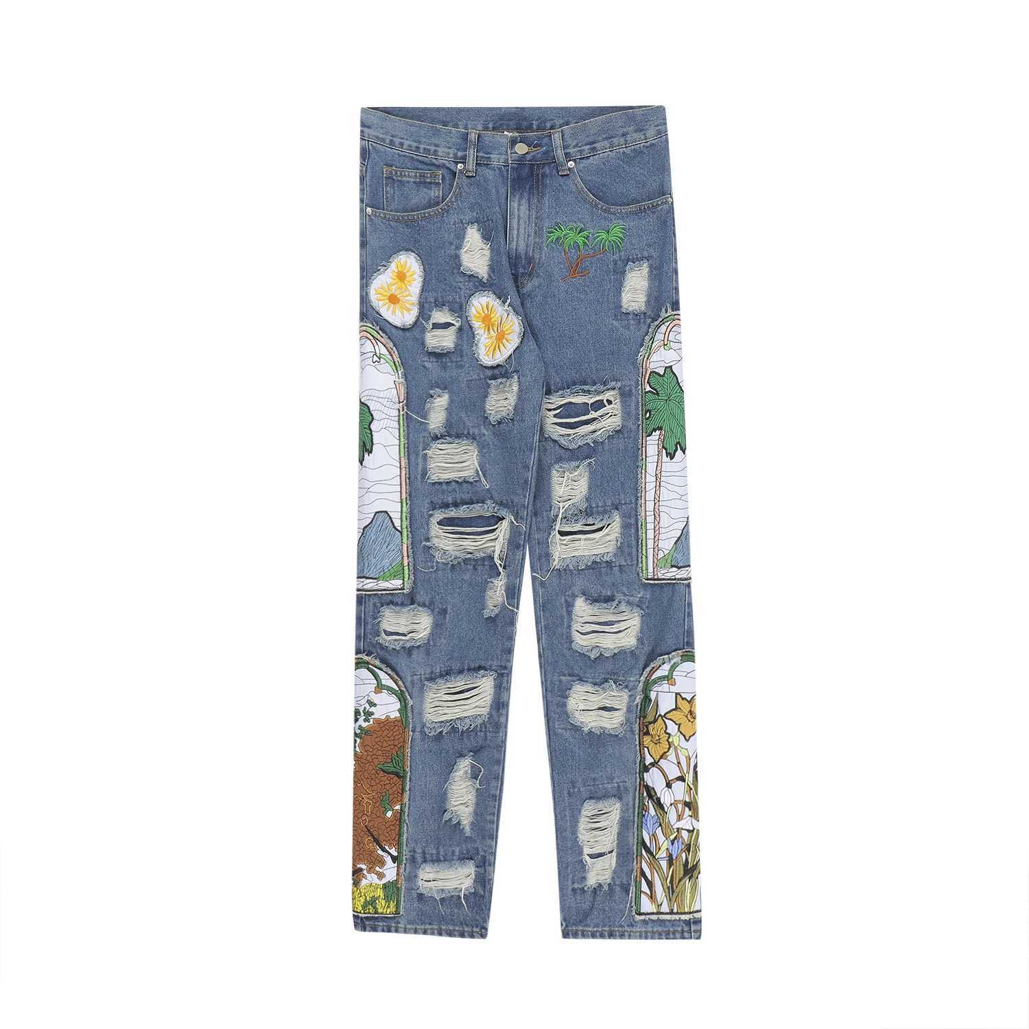 Harajuku Embroidered Patches Straight Denim Pants for Male Hip Hop Washed Jeans Y2k Black Blue Patchwork Ripped Jeans Baggy Men W250612