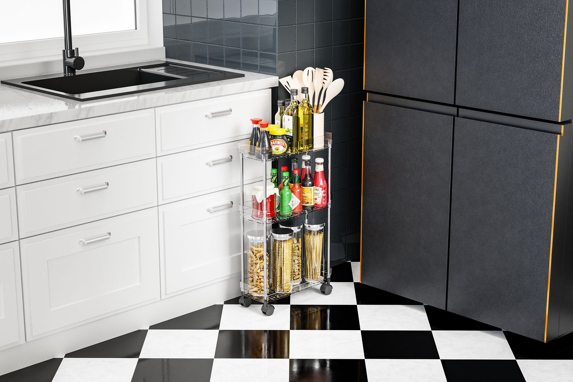 Rolling Storage Cart, Clear Utility Cart with Wheels - Movable Shelving Organizer for Bathroom, Laundry Room, Office, Living Room Storage