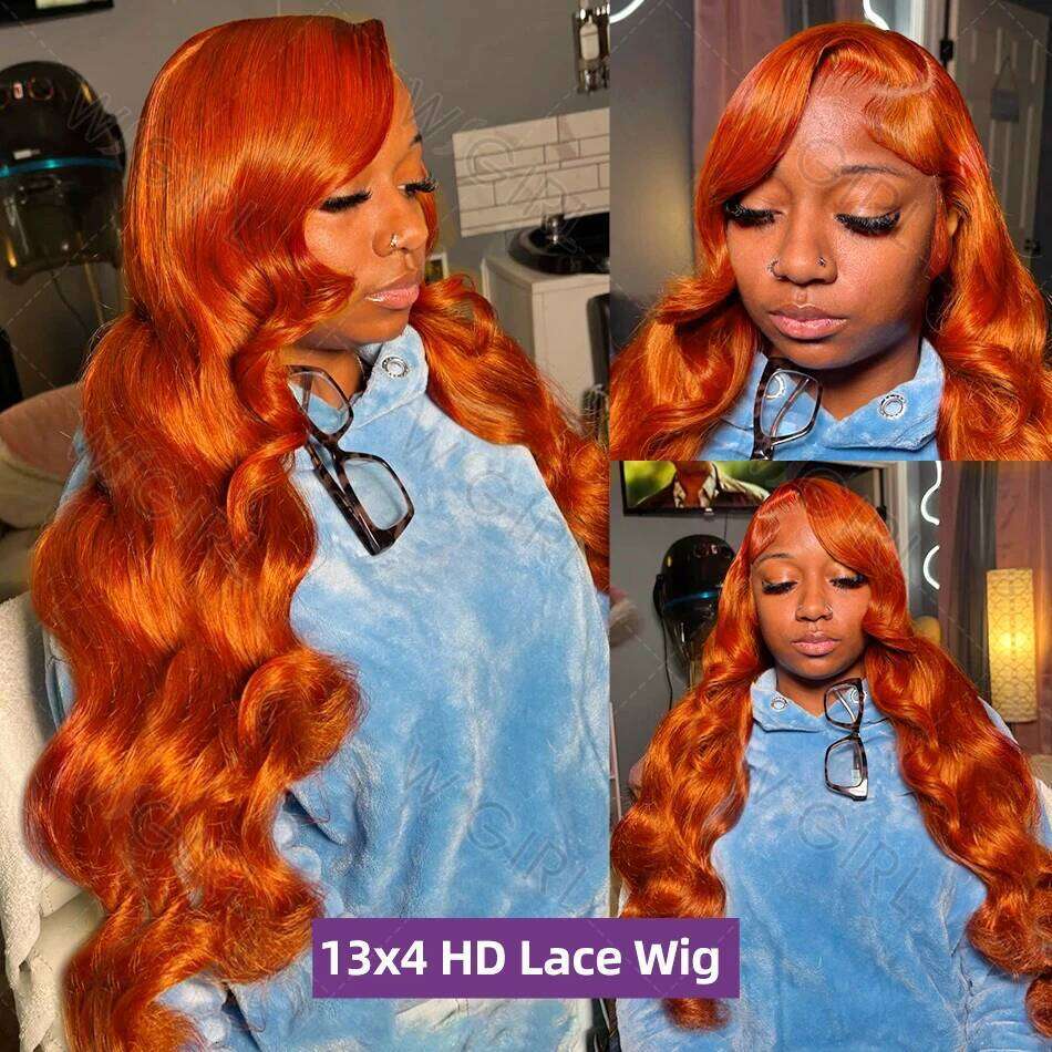 30 32 Inch Orange Body Wigs Brazilian Ginger 13x6 HD Lace Frontal Water Wave Human Hair Wig For Women